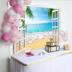 Lofaris White Window Frame Tropical Beach Photography Backdrop Scenic Ocean View Background for Studio and Party Decor
