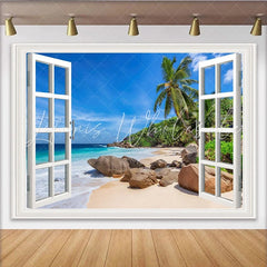 Lofaris White Window Frame Tropical Beach Photography Backdrop Scenic Palm Trees and Blue Ocean Summer Vacation Background