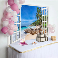 Lofaris White Window Frame Tropical Beach Photography Backdrop Scenic Palm Trees and Blue Ocean Summer Vacation Background