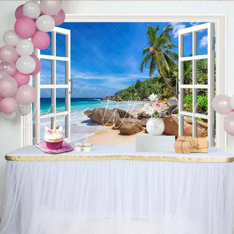 Lofaris White Window Frame Tropical Beach Photography Backdrop Scenic Palm Trees and Blue Ocean Summer Vacation Background