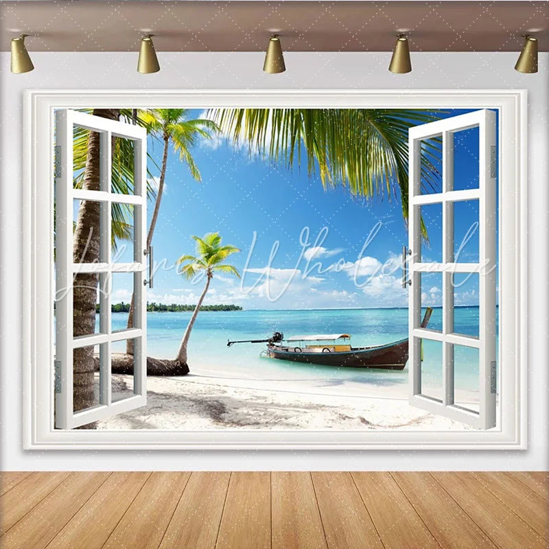 Lofaris White Window Frame Tropical Beach Photography Backdrop Vibrant Palm Tree Ocean Background for Studio Photoshoot
