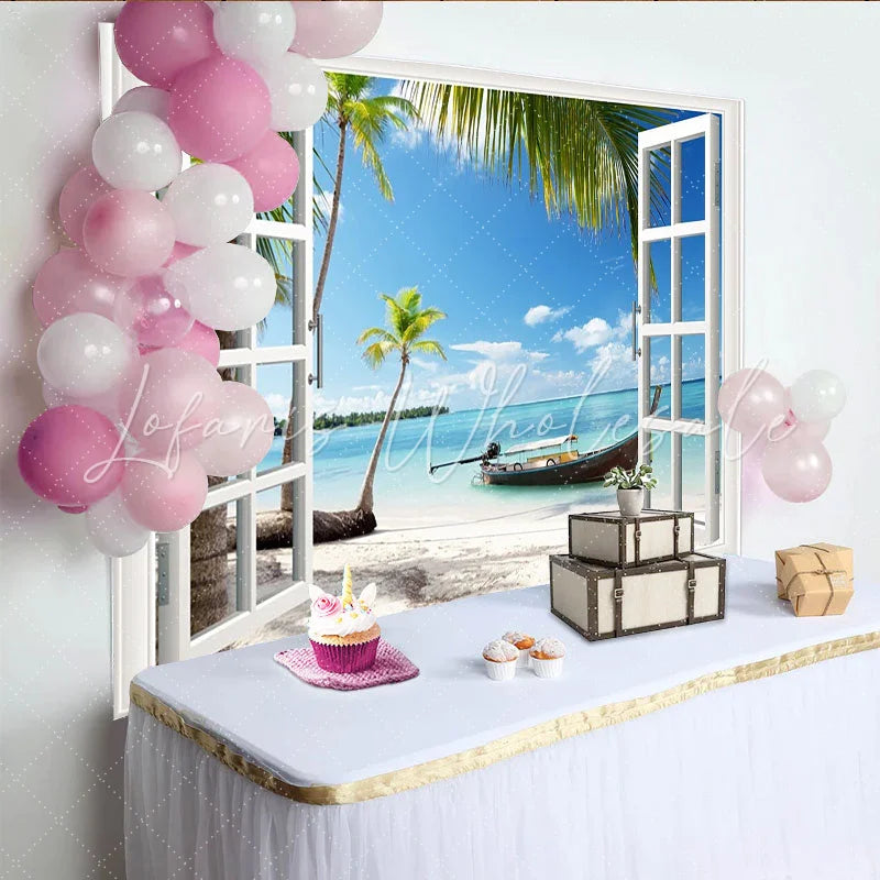 Lofaris White Window Frame Tropical Beach Photography Backdrop Vibrant Palm Tree Ocean Background for Studio Photoshoot