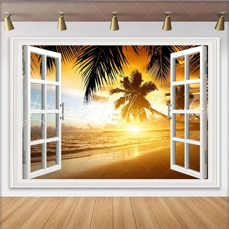 Lofaris White Window Frame Tropical Beach Sunset Photography Backdrop Scenic Ocean View Background for Studio Photoshoot