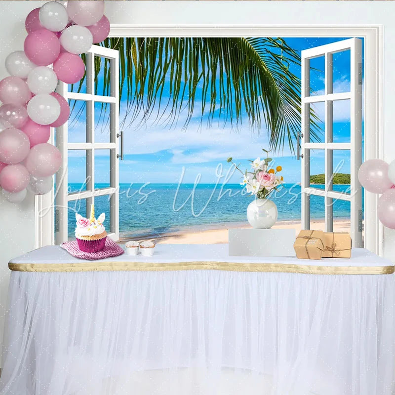 Lofaris White Window View Beach Photography Backdrop with Palm Tree and Blue Ocean Tropical Summer Background for Studio Photoshoot