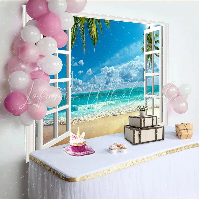 Lofaris White Window View Photography Backdrop with Tropical Beach and Blue Ocean Summer Vacation Photo Studio Background for Party Decor