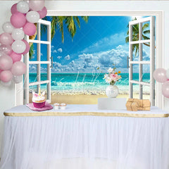 Lofaris White Window View Photography Backdrop with Tropical Beach and Blue Ocean Summer Vacation Photo Studio Background for Party Decor