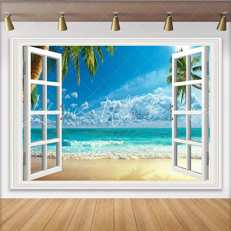 Lofaris White Window View Photography Backdrop with Tropical Beach and Blue Ocean Summer Vacation Photo Studio Background for Party Decor