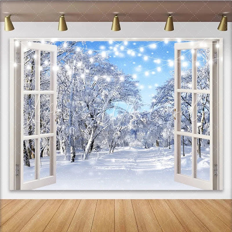Lofaris White Window Winter Holiday Backdrop with Snowy Forest and Fairy Lights Blue Sky Photography Background for Festive Event Decor