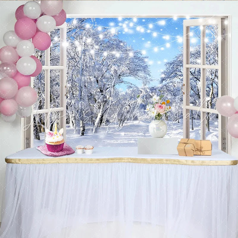 Lofaris White Window Winter Holiday Backdrop with Snowy Forest and Fairy Lights Blue Sky Photography Background for Festive Event Decor
