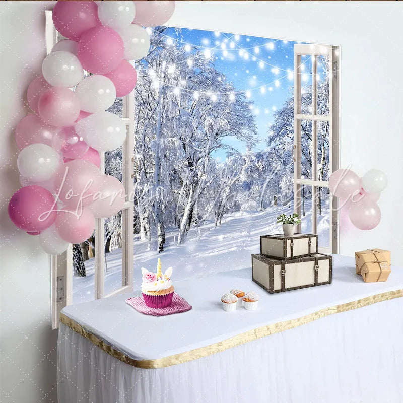 Lofaris White Window Winter Holiday Backdrop with Snowy Forest and Fairy Lights Blue Sky Photography Background for Festive Event Decor