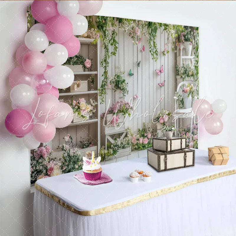 Lofaris White Wood Floral Garden Photography Backdrop with Butterflies Elegant Studio Background for Spring Photoshoot and Party Decor