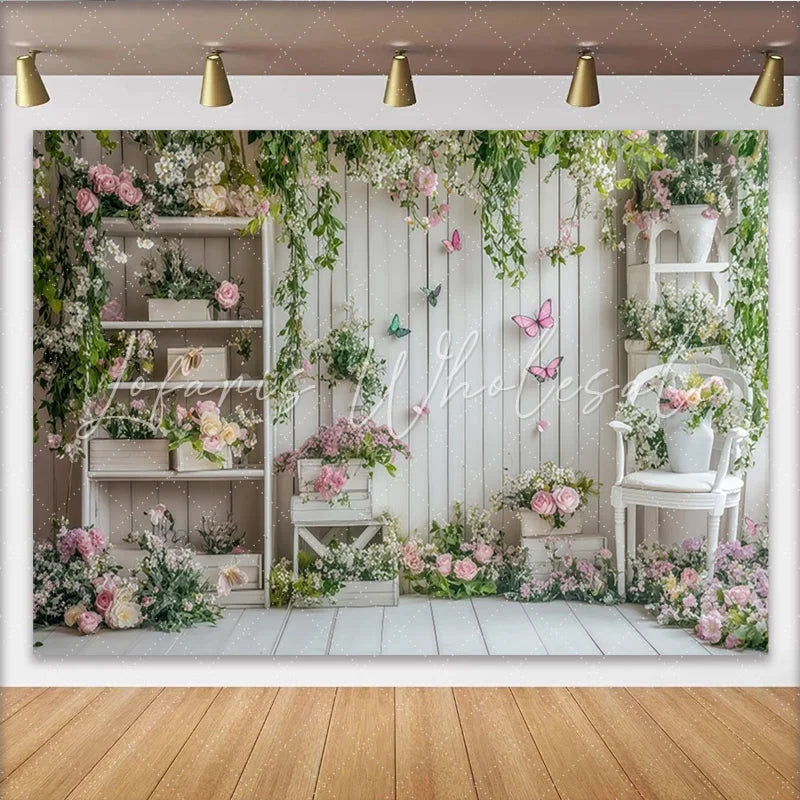 Lofaris White Wood Floral Garden Photography Backdrop with Butterflies Elegant Studio Background for Spring Photoshoot and Party Decor