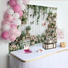 Lofaris White Wood Plank Rustic Floral Photography Backdrop with Pink Roses and Green Vines Butterfly Studio Background for Photoshoot