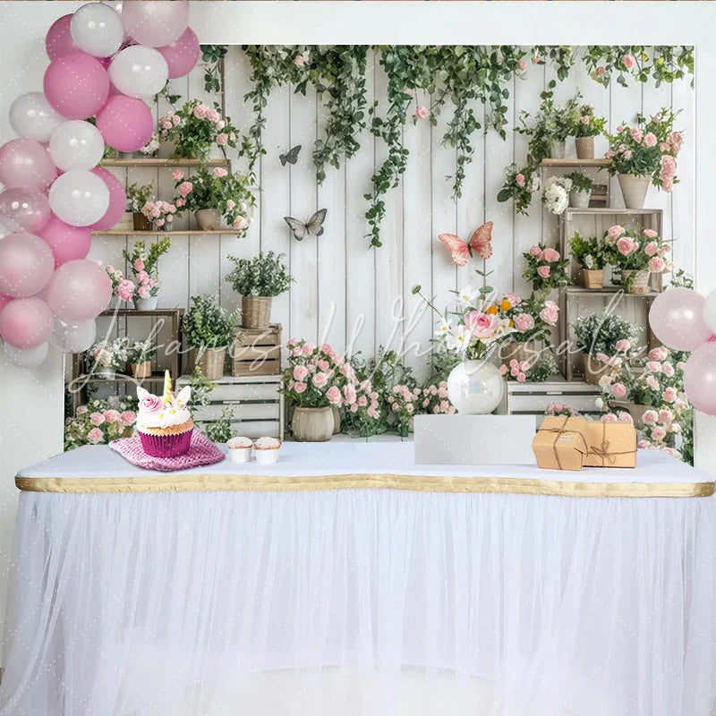 Lofaris White Wood Plank Rustic Floral Photography Backdrop with Pink Roses and Green Vines Butterfly Studio Background for Photoshoot