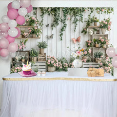 Lofaris White Wood Plank Rustic Floral Photography Backdrop with Pink Roses and Green Vines Butterfly Studio Background for Photoshoot