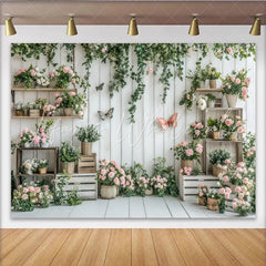 Lofaris White Wood Plank Rustic Floral Photography Backdrop with Pink Roses and Green Vines Butterfly Studio Background for Photoshoot