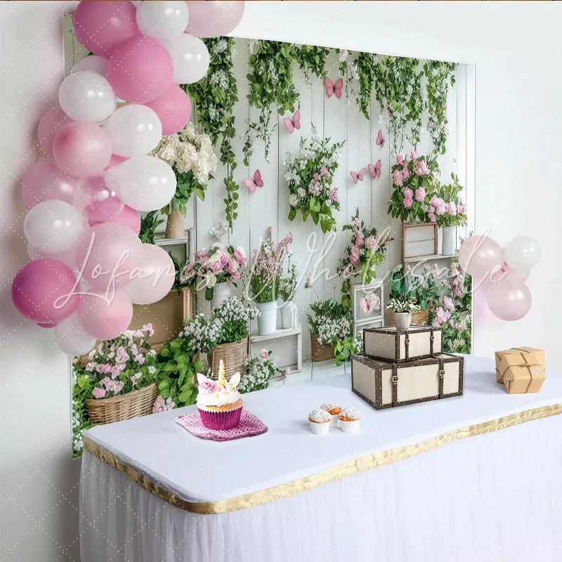 Lofaris White Wood Spring Floral Garden Photography Backdrop with Pink Butterflies and Green Vines Studio Background for Portrait