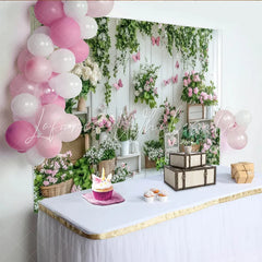 Lofaris White Wood Spring Floral Garden Photography Backdrop with Pink Butterflies and Green Vines Studio Background for Portrait