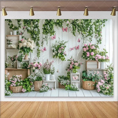 Lofaris White Wood Spring Floral Garden Photography Backdrop with Pink Butterflies and Green Vines Studio Background for Portrait