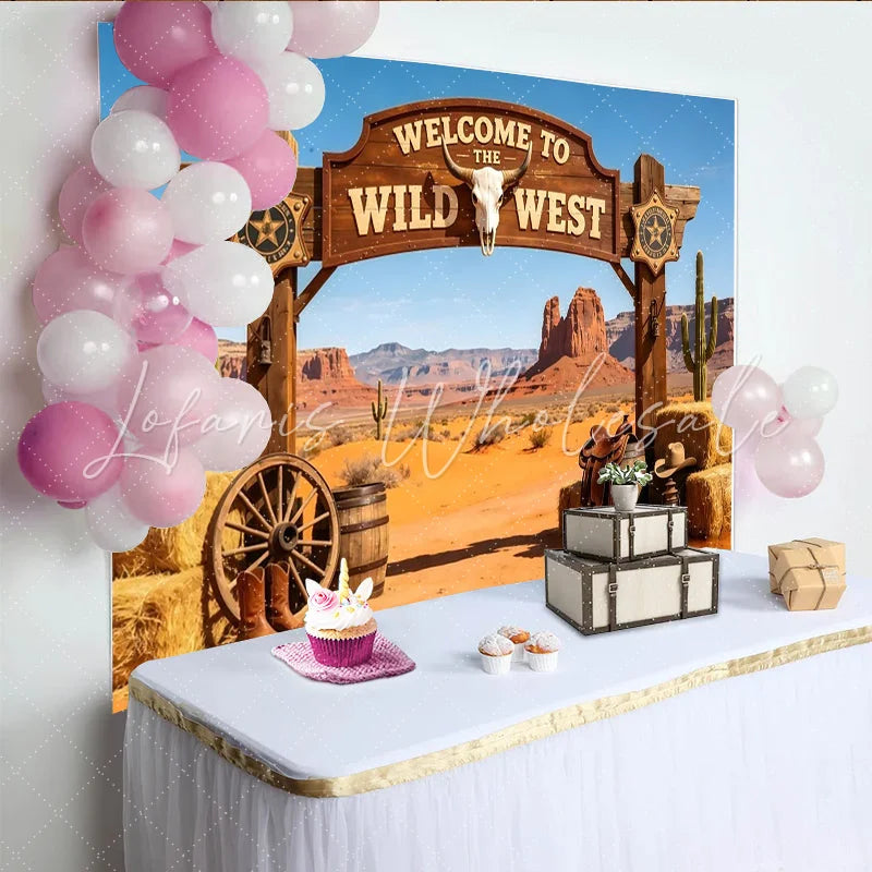 Lofaris Wild West Photography Backdrop with Wooden Arch Desert Landscape and Cowboy Props Rustic Studio Background for Party Decor