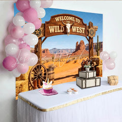 Lofaris Wild West Photography Backdrop with Wooden Arch Desert Landscape and Cowboy Props Rustic Studio Background for Party Decor
