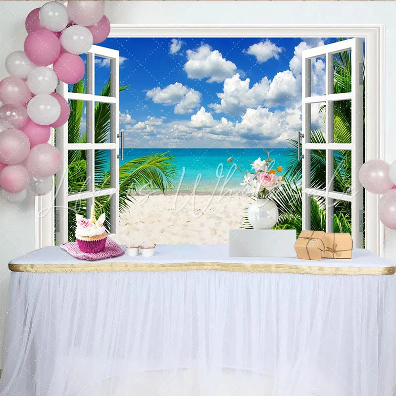 Lofaris Window View Tropical Beach Photography Backdrop with Palm Trees Blue Ocean Vibrant Scenery Background for Summer Photoshoot