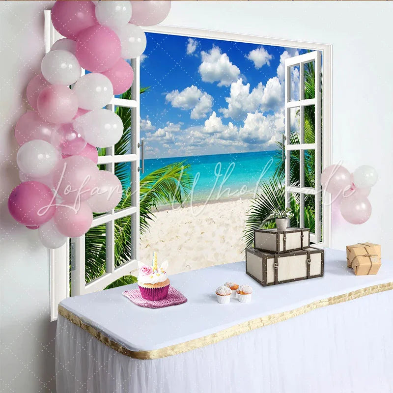 Lofaris Window View Tropical Beach Photography Backdrop with Palm Trees Blue Ocean Vibrant Scenery Background for Summer Photoshoot