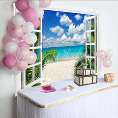Lofaris Window View Tropical Beach Photography Backdrop with Palm Trees Blue Ocean Vibrant Scenery Background for Summer Photoshoot