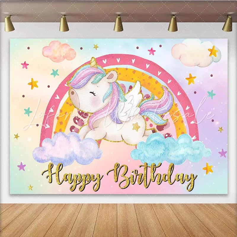 Lofaris Winged Chubby Unicorn Backdrop Colorful Rainbow and Pastel Cloud Birthday Party Banner