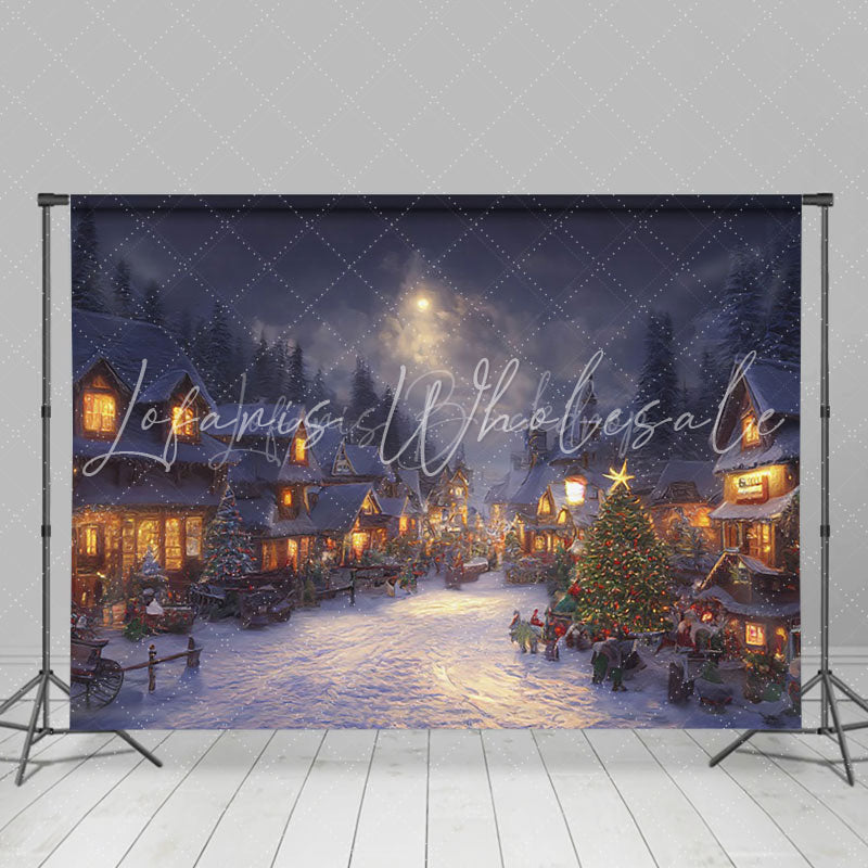Lofaris Winter Dark Moon Night Town Snowy Christmas Backdrop