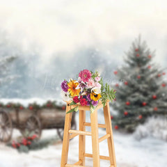 Lofaris Winter Heavy Snowy Wooden Cart Christmas Backdrop
