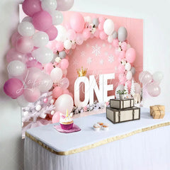 Lofaris Winter ONEderland Birthday Cake Smash Backdrop Pink and White Balloon Arch with Snowflakes and Polar Bear