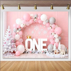 Lofaris Winter ONEderland Birthday Cake Smash Backdrop Pink and White Balloon Arch with Snowflakes and Polar Bear