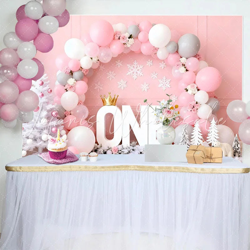 Lofaris Winter ONEderland Birthday Cake Smash Backdrop Pink and White Balloon Arch with Snowflakes and Polar Bear
