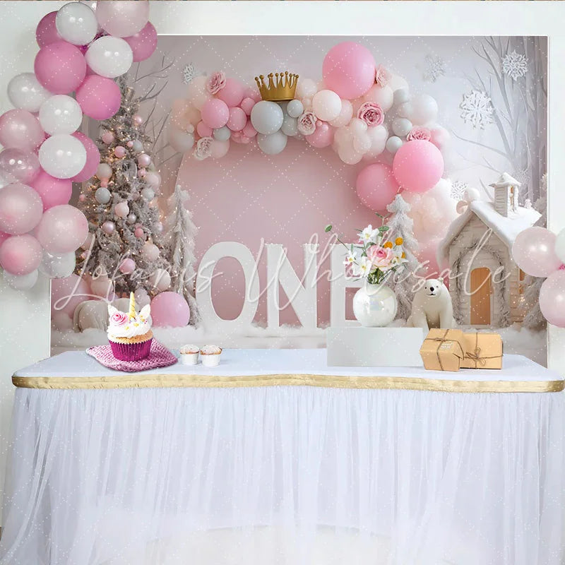 Lofaris Winter Pink Balloon First Birthday Backdrop Gold Crown ONE Sign Snowy Tree Girl Background