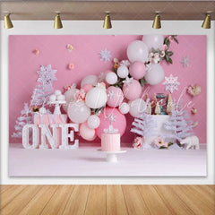 Lofaris Winter Pink Snowflake First Birthday Cake Smash Backdrop White Trees ONE Sign Girl Party Background