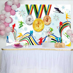 Lofaris Winter Sports Champions Medals Backdrop Skating and Skiing Competition Party Decoration Background