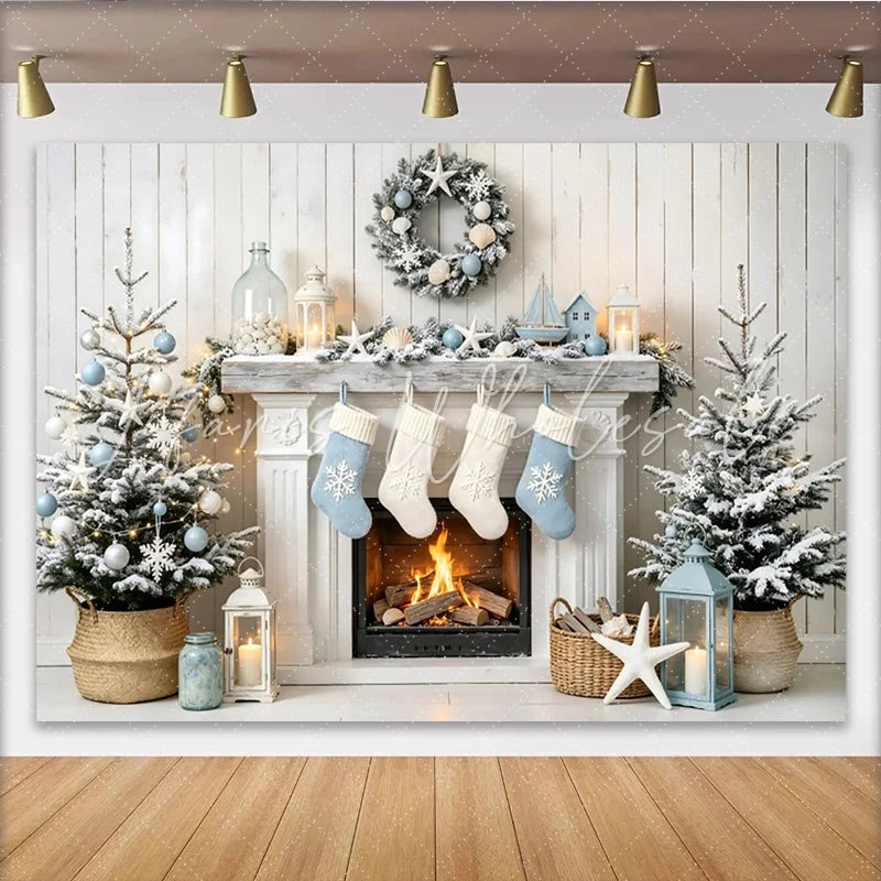 Lofaris Winter Wonderland Christmas Backdrop with Fireplace Stockings and Snowflakes Blue and White Holiday Party Background for Photoshoot