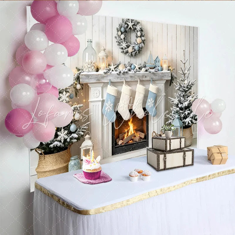 Lofaris Winter Wonderland Christmas Backdrop with Fireplace Stockings and Snowflakes Blue and White Holiday Party Background for Photoshoot