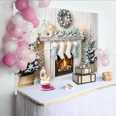 Lofaris Winter Wonderland Christmas Backdrop with Fireplace Stockings and Snowflakes Blue and White Holiday Party Background for Photoshoot