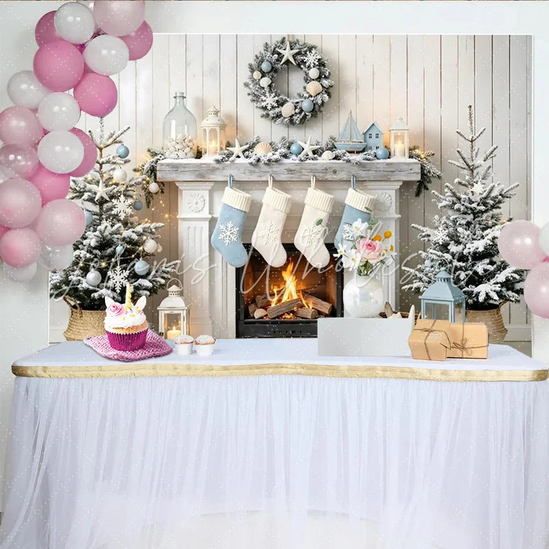 Lofaris Winter Wonderland Christmas Backdrop with Fireplace Stockings and Snowflakes Blue and White Holiday Party Background for Photoshoot