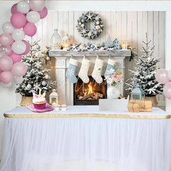 Lofaris Winter Wonderland Christmas Backdrop with Fireplace Stockings and Snowflakes Blue and White Holiday Party Background for Photoshoot