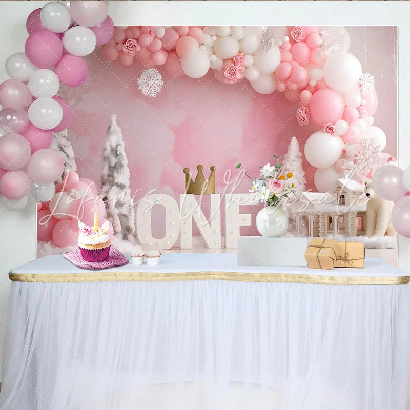 Lofaris Winter Wonderland First Birthday Backdrop Pink Balloon ONE Sign Crown Girl Party Background