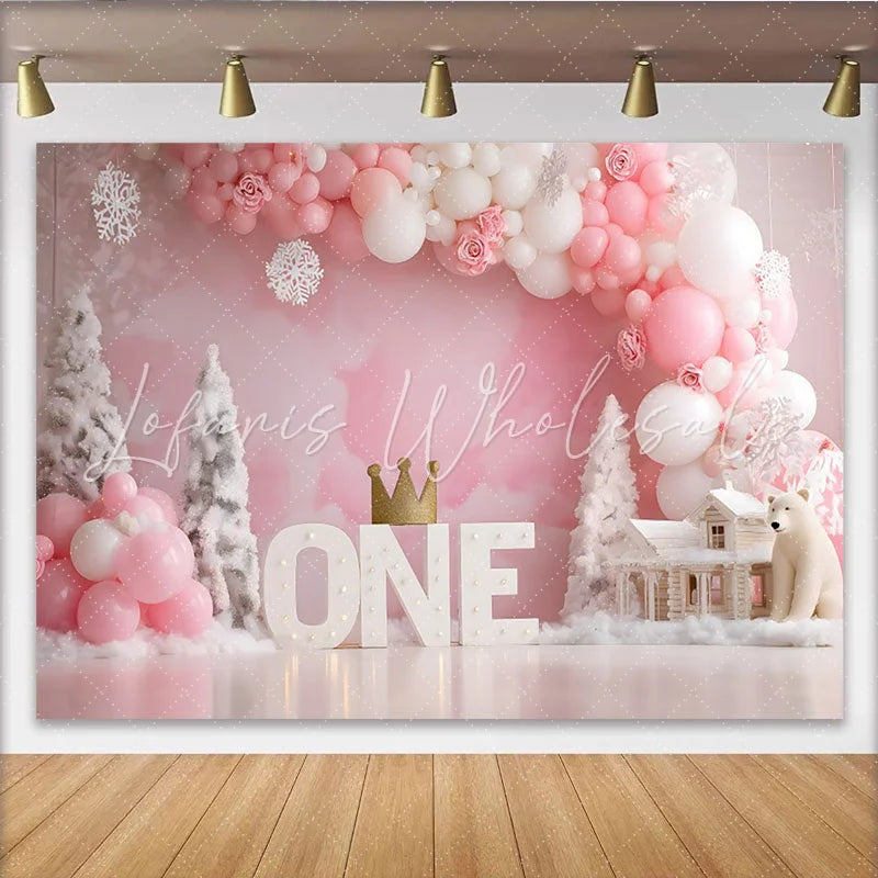 Lofaris Winter Wonderland First Birthday Backdrop Pink Balloon ONE Sign Crown Girl Party Background