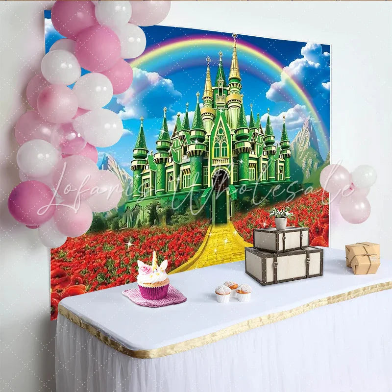 Lofaris Wizard of Oz Inspired Backdrop with Emerald City Yellow Brick Road and Rainbow Fairytale Movie Party Decor