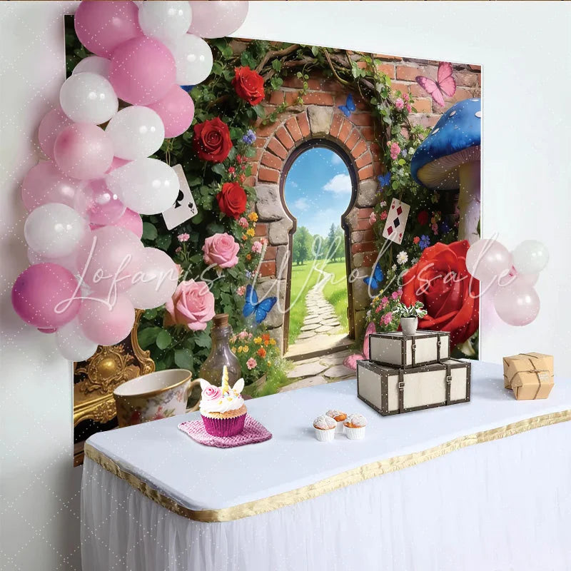 Lofaris Wonderland Photography Backdrop with Magical Archway Roses and Butterflies Enchanting Garden Background for Studio Photoshoot