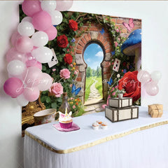 Lofaris Wonderland Photography Backdrop with Magical Archway Roses and Butterflies Enchanting Garden Background for Studio Photoshoot