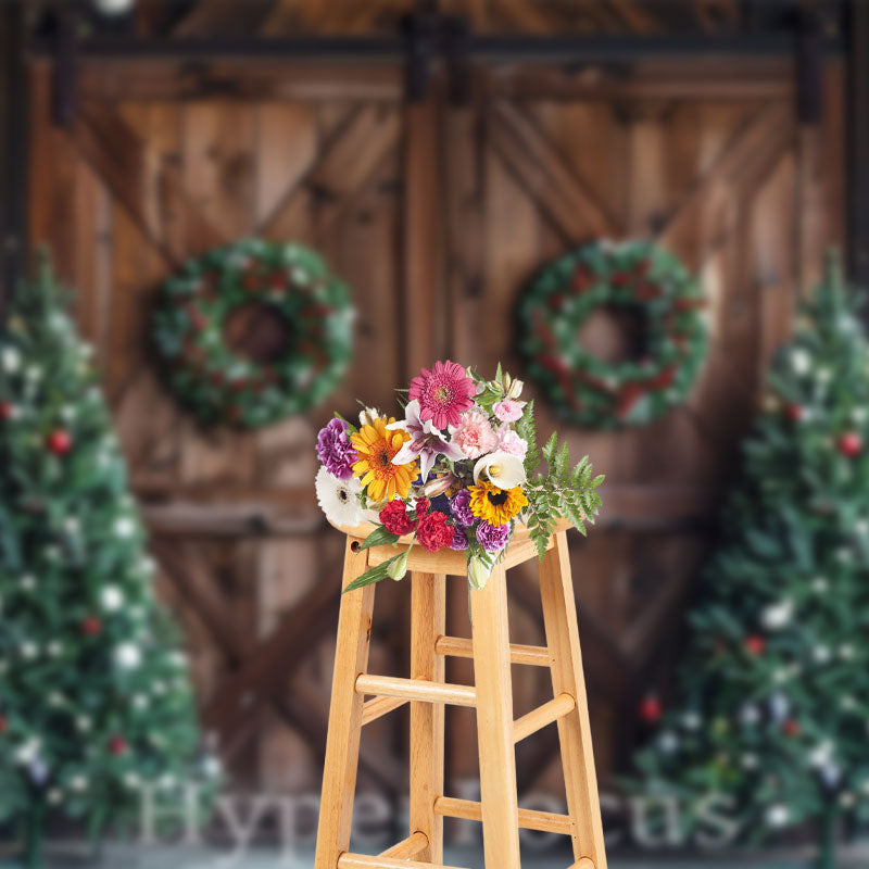 Lofaris Wooden Barn Door Wreath Tree Christmas Photo Backdrop