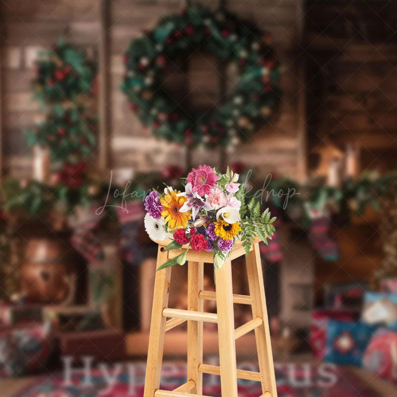 Lofaris Wooden Cabin Trees Fireplace Festive Photo Backdrop