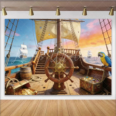 Lofaris Wooden Pirate Ship Photography Backdrop with Treasure Chests and Parrot Ocean Adventure Background for Studio Photoshoot
